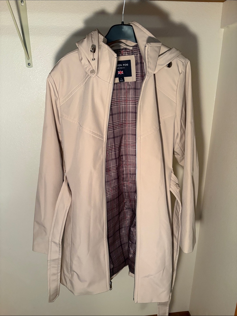 London Fog Hooded Belted Raincoat Trench Coat Plaid Lined